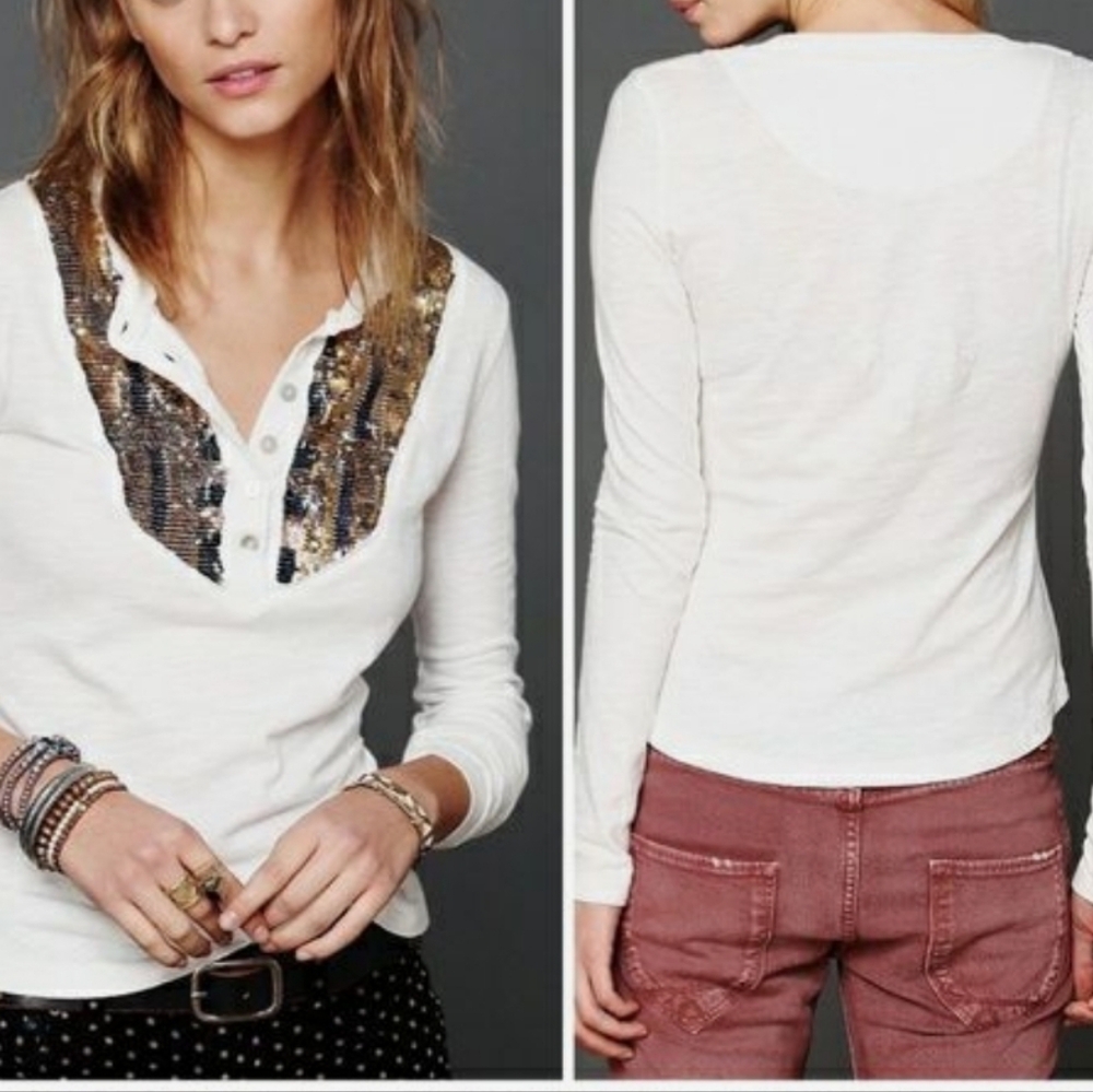 Free People White Long-Sleeve Henley with Gold Sequin V-Trim